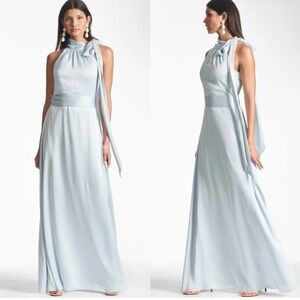 Sachin & Babi Kayla Tie High Neck Sleeveless Halter Bridesmaid Gown Ice Blue 8